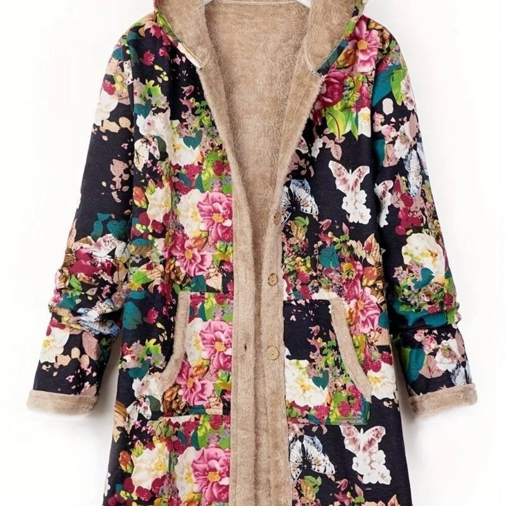 Floral Hooded Lightweight Coat | Size XL | Sherpa Lined | Fall / Spring Jacket